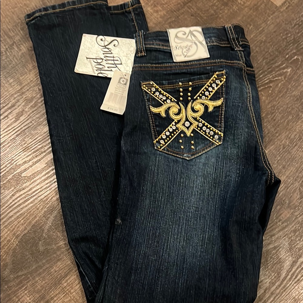 South Pole Dark Wash Jeans with Gold Embellishments